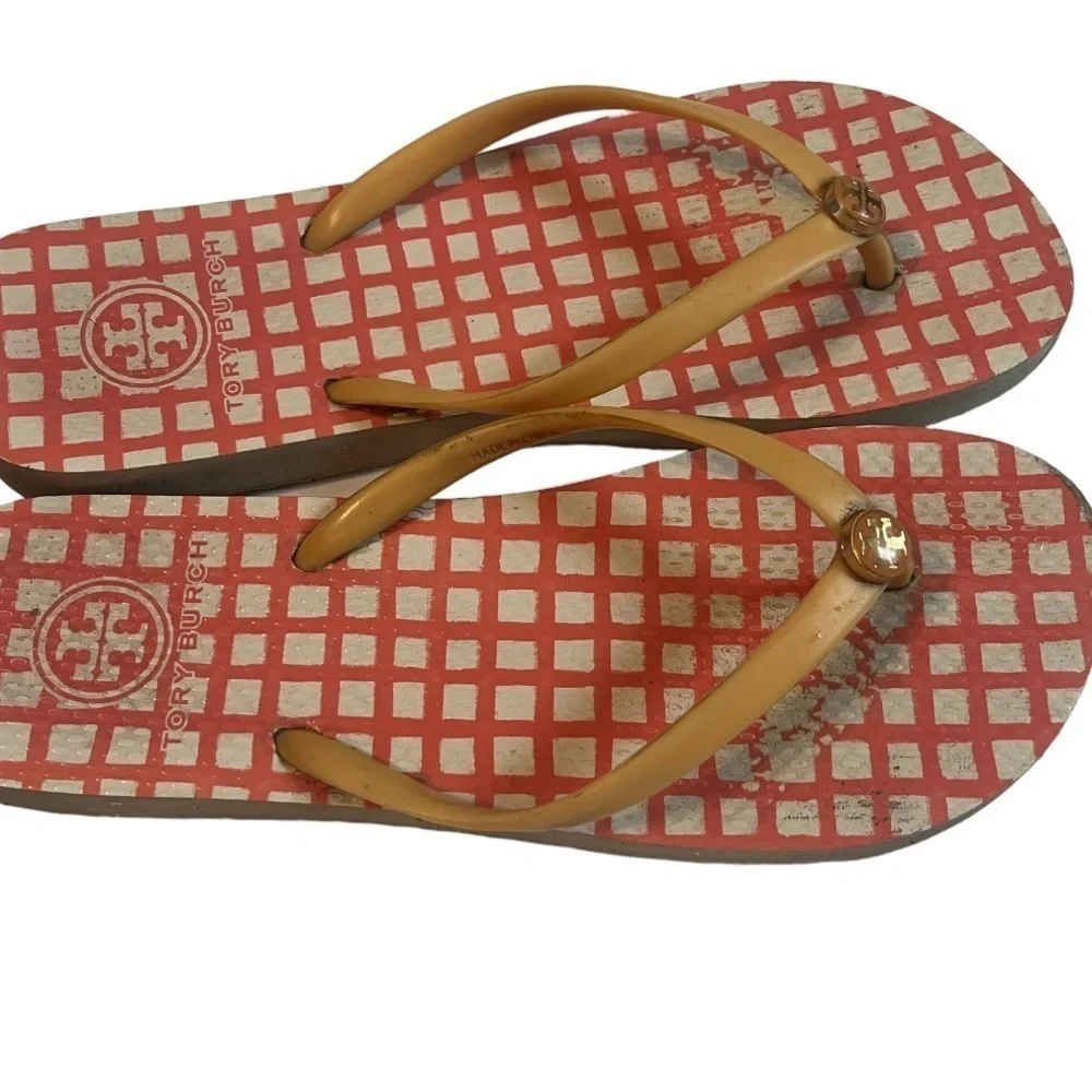 Tory Burch Retro 70's Orange-Red Mod Flip Flops Sz 7 Thong Logo